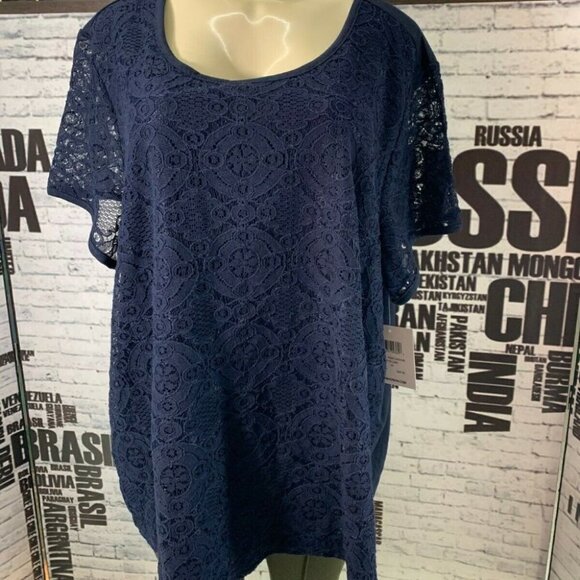 89th & Madison 3X Navy Lace Front Lined Top - Picture 1 of 5